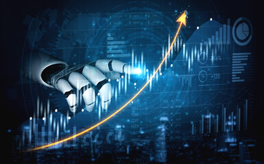 Robotic hand interacts with digital data, illustrating themes of growth, technology, and finance....