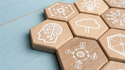 AI Hexagonal Wooden Blocks with Digital Icons on Pastel Blue Background for Technology