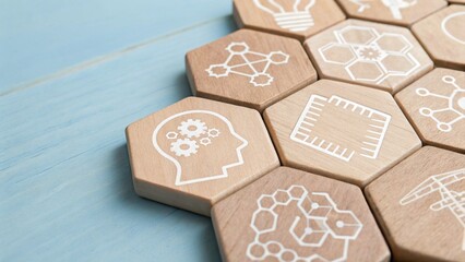 AI Hexagonal Wooden Blocks with Digital Icons on Pastel Blue Background for Technology