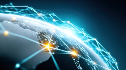 Global connectivity revolution digital networking across continents technology visualization futuristic environment aerial perspective innovation impact