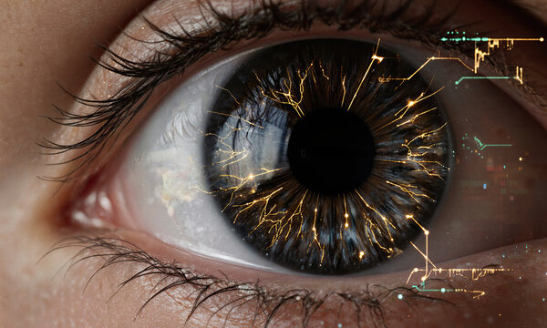 Neural Lace Interface. An extreme close-up of a human eye, where the intricate patterns of the iris are subtly interwoven