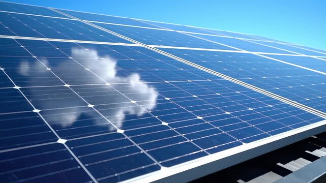 Close Up of Solar Panels Reflecting Sky and Clouds