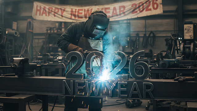 Industrial Future / New Year Celebration, Welder in helmet and gloves sparks metalwork while cutting and assembling large 2026 numbers in a busy fabrication workshop, celebrating the new year with ind - Powered by Adobe