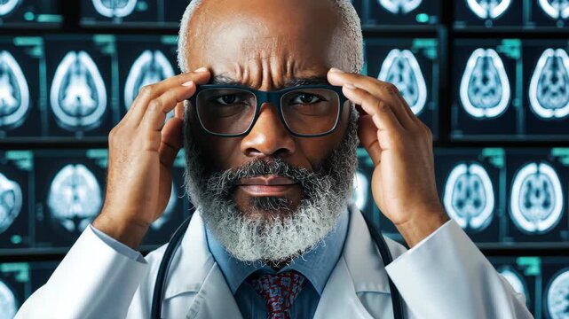   Mindful Diagnosis: A focused doctor, with glasses and a concerned expression, stands amidst a backdrop of brain scans, contemplating a complex case.