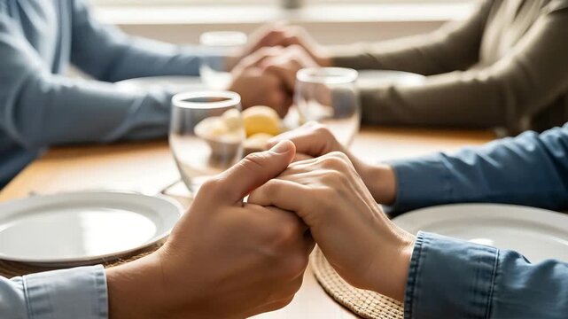 Family holding hands at dinner table showing love and unity together in comfort