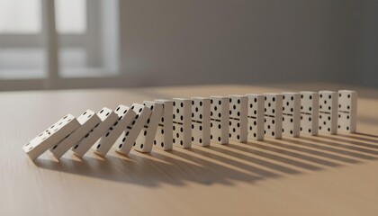 Fototapeta premium domino pieces lined up on clean wooden table, symbolic chain reaction representing logical cause and effect, World Logic Day concept