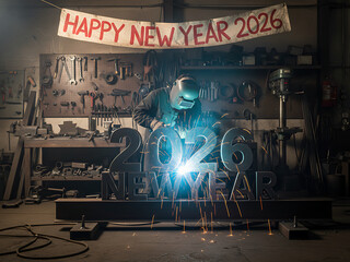 Industrial Future / New Year Celebration, Welder in helmet and gloves sparks metalwork while cutting and assembling large 2026 numbers in a busy fabrication workshop, celebrating the new year with ind