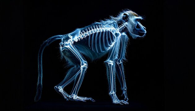An x-ray image reveals the internal skeletal structure of a baboon in exquisite detail.