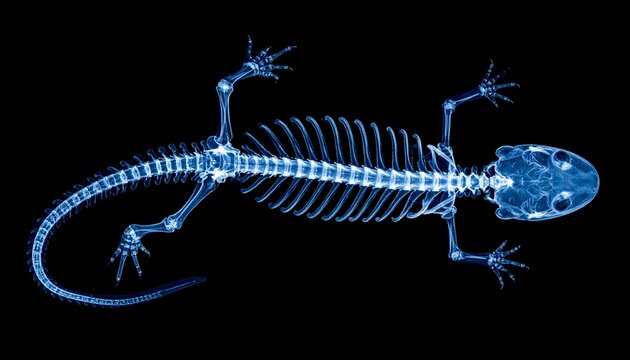 A detailed X-ray view of a reptile skeleton is revealed, showcasing the intricate bone structure. The image highlights the detailed skeletal framework in a medical or scientific context.