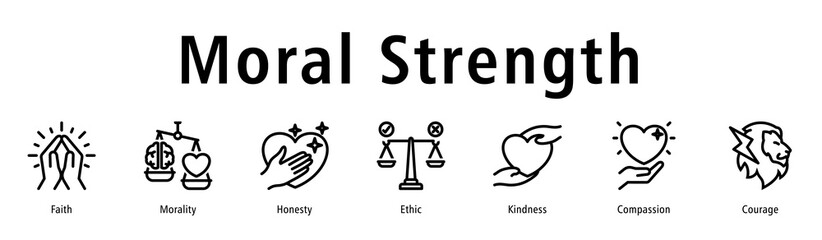 Moral strength icon vector concept highlighting faith, morality, honesty, courage, compassion, and strong ethical character.