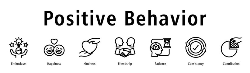 Positive behavior icon vector concept featuring enthusiasm, kindness, happiness, patience, consistency, and supportive actions.