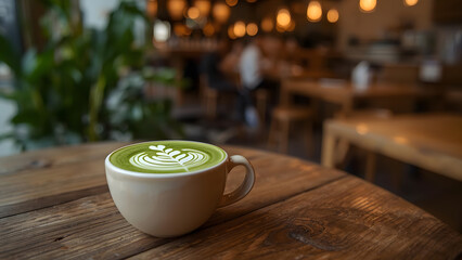 A rustic wooden table holds a small, beige ceramic cup brimming with a vibrant green latte art.