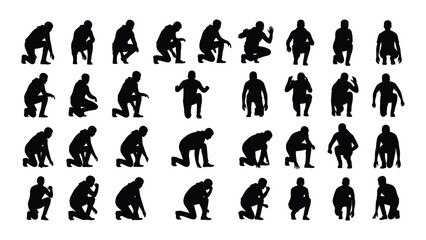 People squatting and kneeling silhouettes collection isolated on white background, Vector