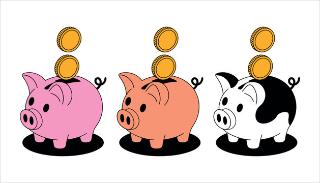 Three cartoon piggy banks pink orange and black and white with gold coins falling in money savings