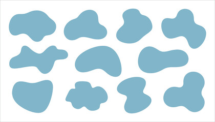 Twelve abstract organic shapes in dusty blue on white background blobs irregular shapes