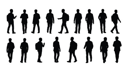 Collection of male silhouettes in various poses isolated on white background, Vector