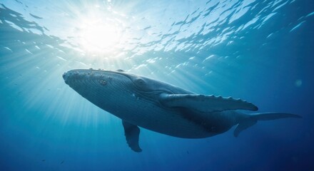 Fototapeta premium Humpback whale swims peacefully under ocean surface with sun shining through