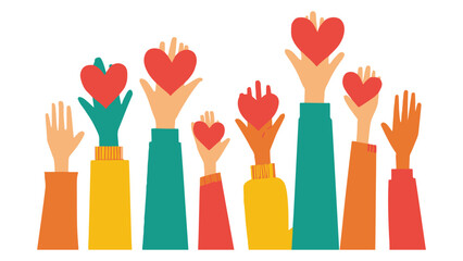 Charity and Volunteering Concept – Raised Hands with Red Hearts and Children Holding Heart Symbols
