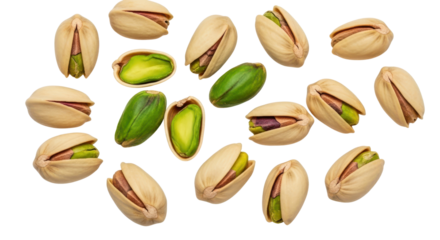 Pistachio nuts, some split open and shelled, close up view isolated PNG with Transparent Background