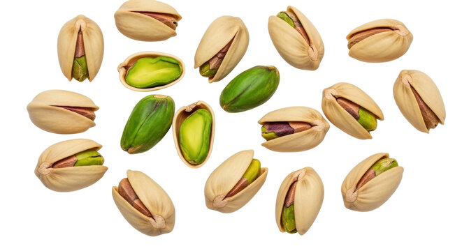 Pistachio nuts, some split open and shelled, close up view isolated PNG with Transparent Background