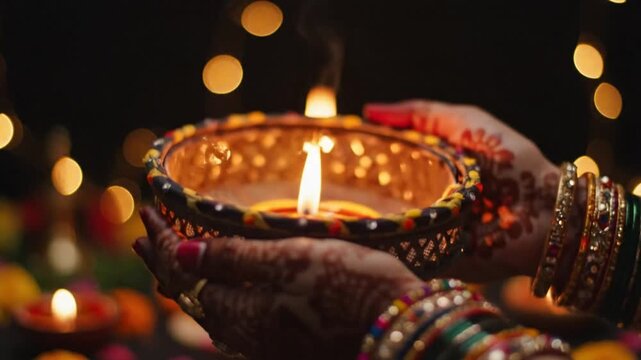 Close-up of a woman's hand holding a lit diya during Karva Chauth with bokeh lights in the background.