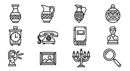 Collection of antique and vintage objects in line art style.