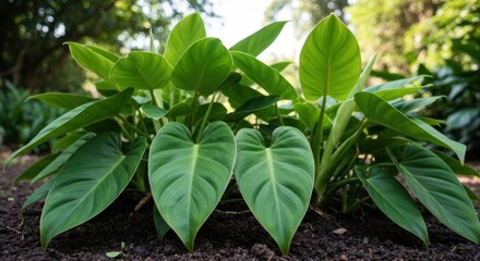 Lush, bright green tropical plant with large leaves in dark soil, sunny