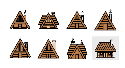 Collection of A-Frame Cabin Illustrations with Chimneys and Wood Textures.