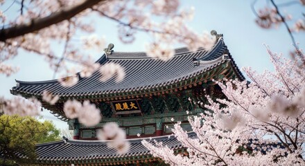 A traditional Korean temple is framed by blooming cherry blossom branches, bathed in soft sunlight, evoking a sense of tranquility and springtime beauty.