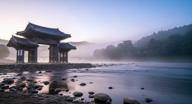 A traditional Korean gate stands by a river, shrouded in fog at dawn. The scene evokes a sense of peace and tranquility.