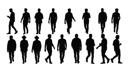 Collection of male silhouettes walking and standing isolated on white background, Vector
