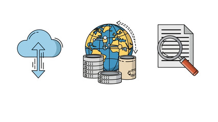 Cloud Computing, Global Data Storage, and Information Retrieval Illustration.