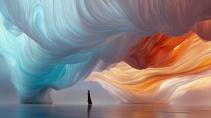 A lone woman walks beneath large, abstract, swirling shapes in a colorful, artistic environment. The scene evokes a sense of wonder and contemplation.