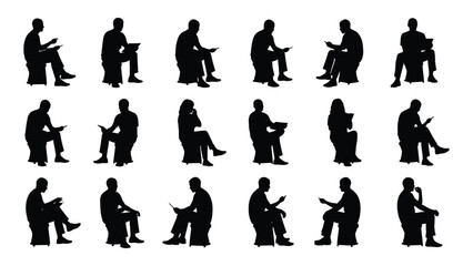People sitting with devices silhouettes isolated on white background, Vector