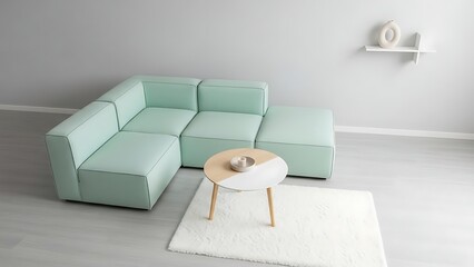 Minimalist living room featuring a light green sectional sofa, round coffee table, and white rug against a gray wall.