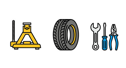 Car Repair Tools and Tire Illustration for Automotive Maintenance.