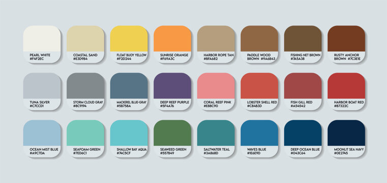 Fisherman Color Palette. Coastal Tones with HEX Codes and Names. Ocean Fisherman Color Scheme. Blue & Sea Inspired Palette with HEX Codes and color names. Sea, Sand & Boat Colors with HEX Codes Vector
