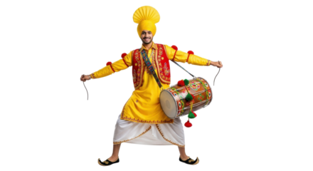 Sikh man in traditional dress holding a drum and dancing the bhangra isolated PNG with Transparent Background