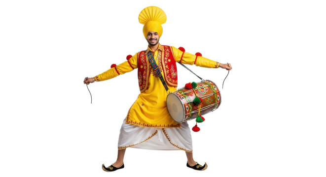 Sikh man in traditional dress holding a drum and dancing the bhangra isolated PNG with Transparent Background
