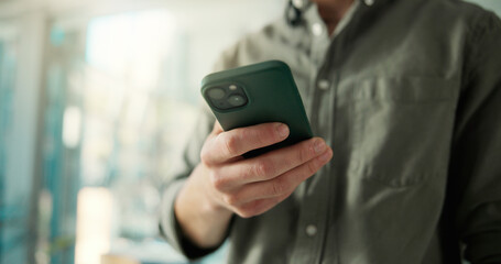 Man, hands or scroll in office with phone for social media insights, marketing campaign or project. Space, person and research with tech in workplace for digital advertising, SEO report or creativity