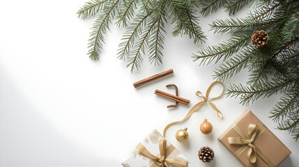 christmas gifts and fir branches on white background border