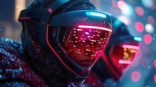 Close-up of a person wearing a futuristic VR headset with neon lights, suggesting a virtual reality or augmented reality experience. - Powered by Adobe