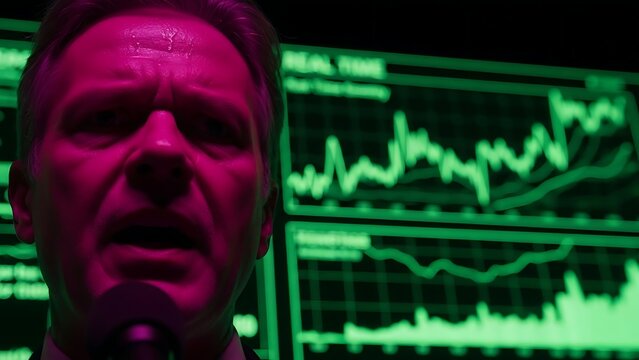 Man speaking in front of real time data screens technology presentation