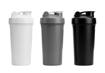 Three plastic shaker bottles in white, gray, and black isolated on transparent background