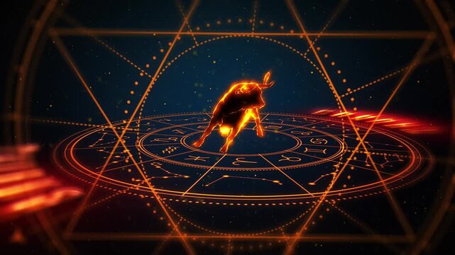 Astrology Taurus Zodiac Sign Loop Background &ndash; Burning Bull Silhouette with Neon Constellation Lines and Gold Orange Horoscope Circle