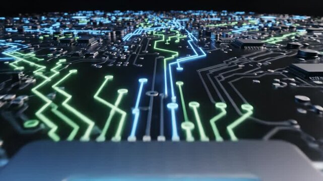 Glowing neon circuit board close up macro shot with electronic components and digital connections showcasing futuristic technology and intricate glowing pathways design