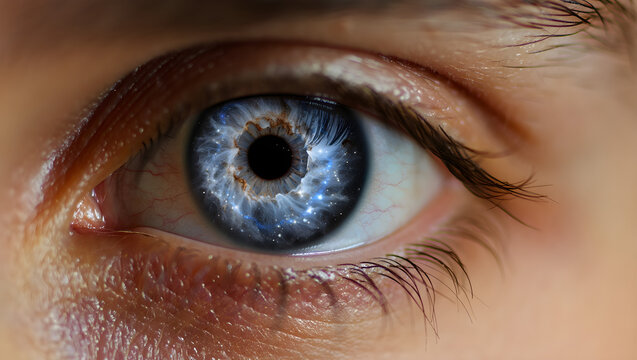 Eye reflects universe, galaxy in human eye macro