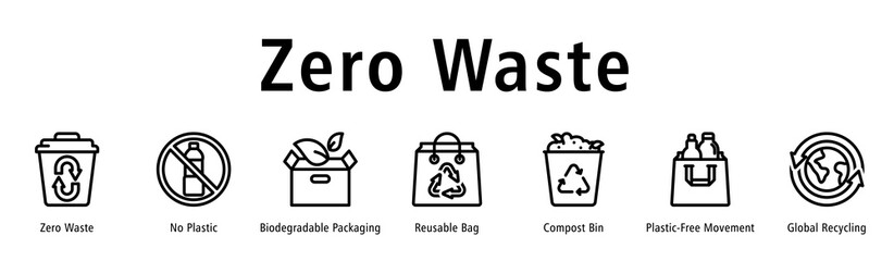Zero Waste web banner icon vector illustration with icons of Zero Waste, No Plastic, Biodegradable Packaging, Reusable Bag, Compost Bin, Plastic-Free Movement, and Global Recycling.