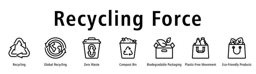 Recycling Force web banner icon vector illustration with icons of Recycling, Global Recycling, Zero Waste, Compost Bin, Biodegradable Packaging, Plastic-Free Movement, and Eco-Friendly Products.