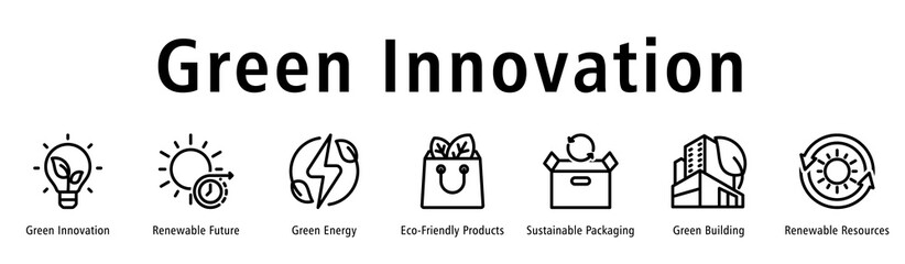 Green Innovation web banner icon vector illustration with icons of Green Innovation, Renewable Future, Green Energy, Eco-Friendly Products, Sustainable Packaging and Green Building.